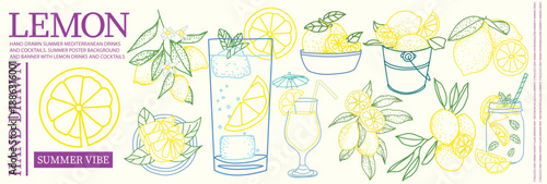 Hand drawn lemon summer drinks and cocktails illustration with Mediterranean vibe. Fresh citrus elements, limoncello, lemonade, glassware and botanical details, perfect for posters, banners, branding.