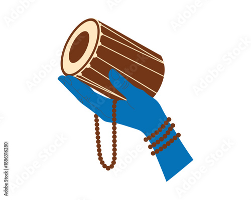 Lord Shiva hand holding brown drum with beaded bracelet.