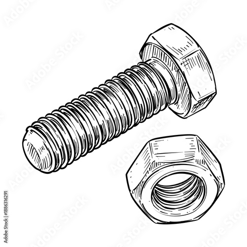 nut and bolt vector hand drawn illustration