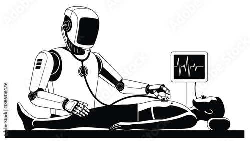 Medical robot at workstation monitoring patient vitals and data streams representing telemonitoring, clinical informatics and device investment vector illustration