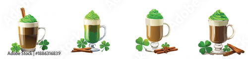 St. Patrick’s Day Green Coffee Set – Shamrock Whipped Latte Vector Illustrations