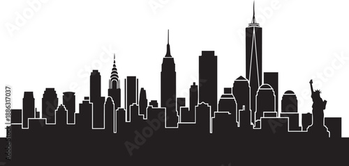 Iconic New York City Skyline Silhouette Vector Illustration of Urban Architecture and Famous Landmarks
