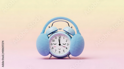 Blue alarm clock wearing earmuffs with a sleepy face illustration, concept of hating mornings, sleep deprivation, deep sleep and refusing to wake up