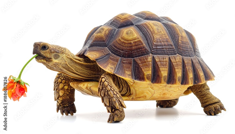 Obraz premium Sulcata Tortoise with Flower - A Gentle Giants Delicate Snack.