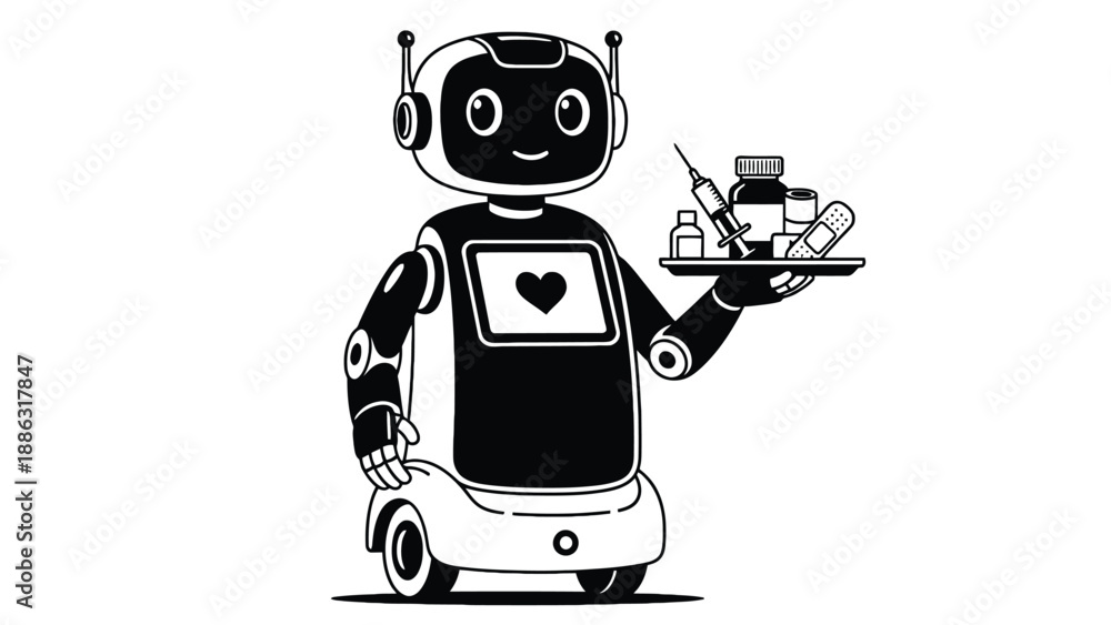 Fototapeta premium Mobile service robot carrying medical tray delivering supplies to clinic settings representing automated healthcare delivery, contactless logistics and operational efficiency vector illustration