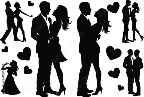 Silhouettes of couples in loving embraces and dancing