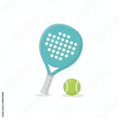 Turquoise perforated padel racket and green ball on white background
