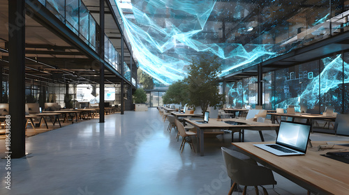 Futuristic Smart Office Interior With AI Data Overlay