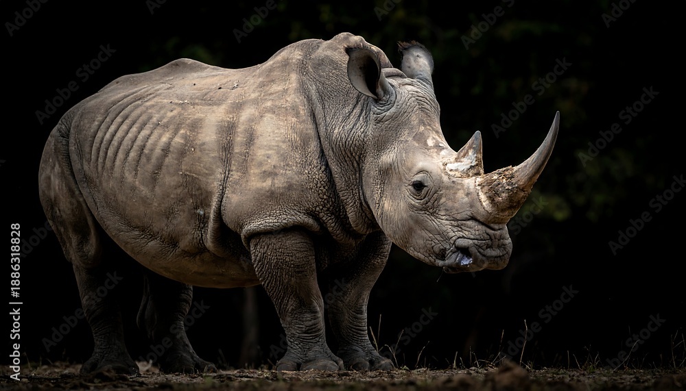Fototapeta premium Majestic White Rhinoceros Portrait Against Dark Background.