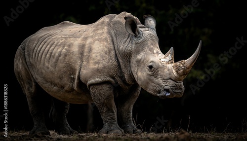 Majestic White Rhinoceros Portrait Against Dark Background.