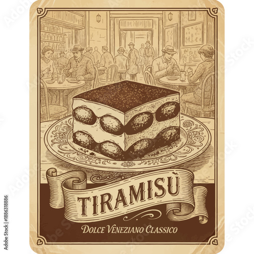 Vintagestyle illustration of a Tiramisu slice in a crowded cafe setting