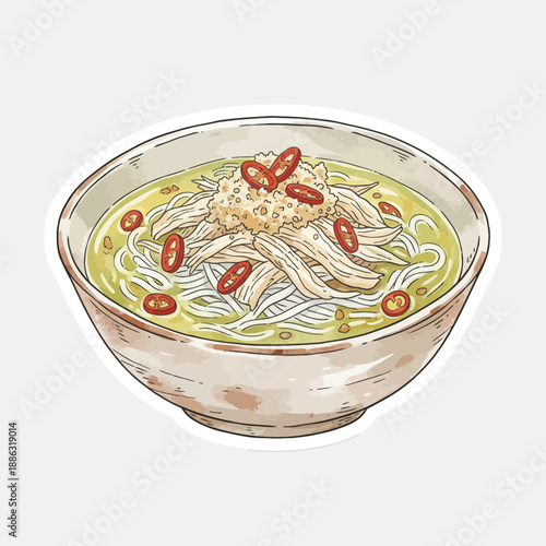 Watercolor illustration of a bowl of green curry noodle soup with shredded chicken and chili slices called 'soto lesah'