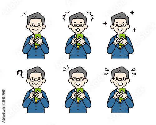 スマートフォンを操作する、様々な表情の社長・上司・経営者の上半身ベクターイラスト素材セット