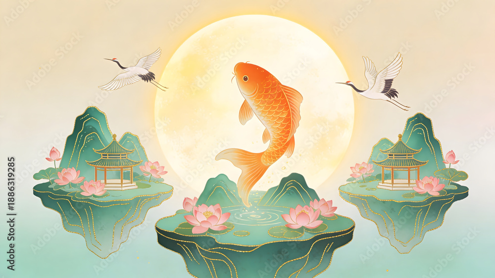 Fototapeta premium Surreal floating islands with koi fish and cranes in Chinese style
