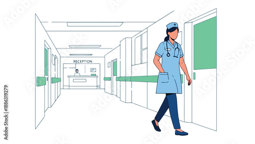 A nurse walks down a hospital corridor with green accents on doors and walls, wearing blue scrubs and a stethoscope.