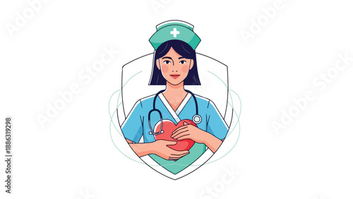 Illustration of a nurse holding a heart in her hands, wearing a stethoscope and a green cap, against a white background with a green shield.
