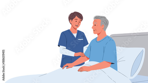 A compassionate nurse tends to an elderly patient with a bandaged arm in a hospital bed with a clean and calming atmosphere.