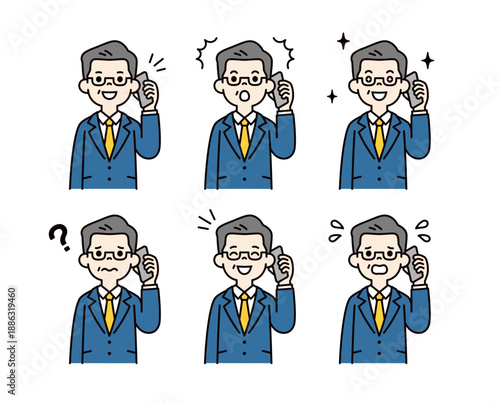 スマートフォンで通話する、様々な表情の社長・上司・経営者の上半身ベクターイラスト素材セット