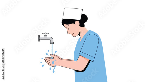 A female nurse wearing a blue uniform and cap washes her hands under a running faucet with water droplets, depicted in a simple illustrative style with a clean white background.