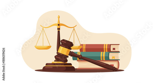Law and justice concept illustration with judge gavel, scales of justice and legal books
