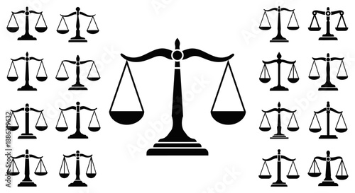 Scales of justice icon set with balance symbol representing law, equality, fairness and legal system
