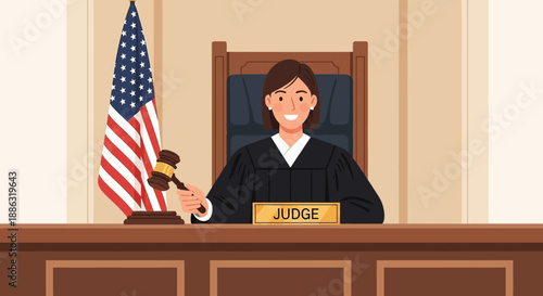 Judge in courtroom with gavel and USA flag flat illustration representing justice, court ruling and legal system
