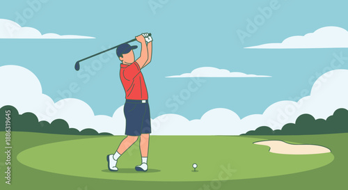 Golfer swinging club on green golf course flat illustration outdoor sport and leisure activity concept
