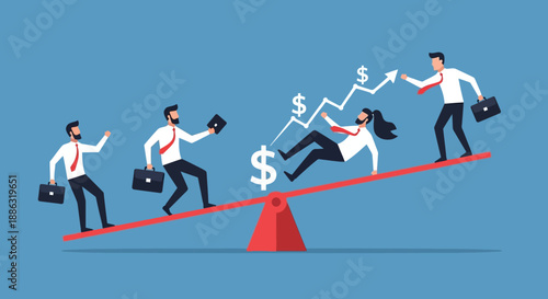 Business risk and financial imbalance concept with entrepreneurs on seesaw and falling dollar symbols
