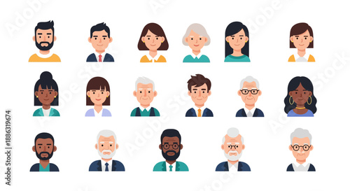 Diverse people avatar set with male and female characters of different ages and ethnicities in flat style
