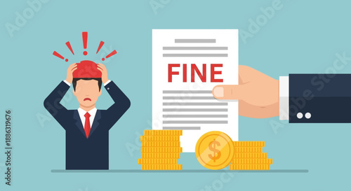 Business fine and financial penalty concept with stressed businessman, official document and money coins

