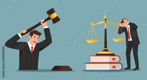 Legal justice concept illustration with judge gavel, scales of justice, law books and lawyers decision making
