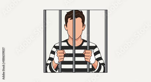 Man in striped uniform behind prison bars, facing confinement and justice