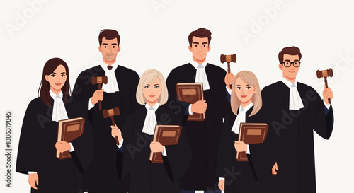 Diverse group of judges holding gavels and law books ready to administer justice.