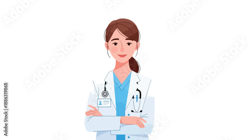 A confident female nurse with brown hair and a stethoscope standing with arms crossed against a clean white background.