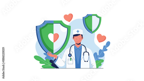 A smiling male nurse in a blue shirt and white coat with a stethoscope around his neck standing with a green shield featuring a heart in front of a blue background with green leaves and