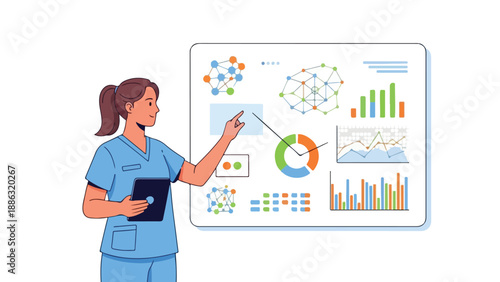 A female doctor in blue scrubs presents data on a large screen displaying various graphs and charts in a clean and professional setting.