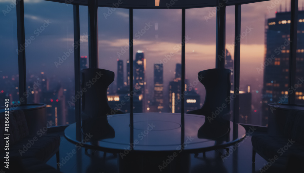 Fototapeta premium Empty Luxury High-Rise Boardroom at Dusk Overlooking City Skyline