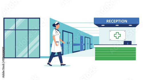 Illustration of a nurse walking down a hospital corridor towards the reception desk with a green cross sign and blue walls.