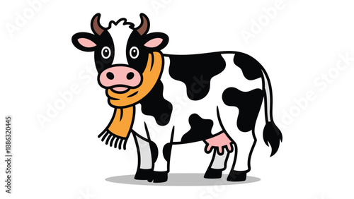 Smiling cow with Scarf: A cartoon cow with black and white patches wearing a bright scarf, a friendly and cheerful farm animal, is standing and smiling.