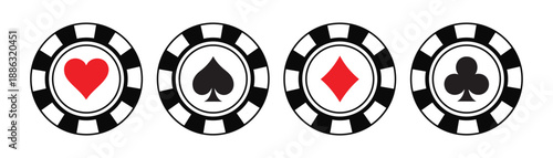 Poker chips color icons vector set. Playing poker concept. Isolated Casino poker chip logo. Poker symbols.