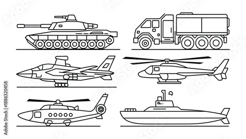 Military Vehicles: A set of six meticulously detailed line art illustrations showcasing the might of military vehicles. From a formidable tank to a stealthy submarine.