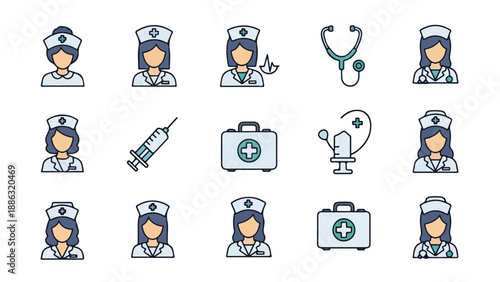 Flat lay illustration of various nurse icons and medical symbols on a clean white background with a professional and healthcare theme.