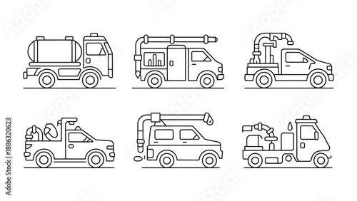 Line-Art Heavy-duty Vehicles: A set of six unique heavy-duty vehicles, captured in a clean line-art style, each designed for specific industrial or utility tasks.
