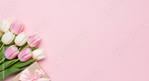 Happy mother's day bouquet of pink and white tulips on pastel background