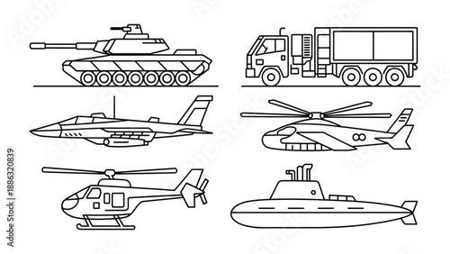 Military Vehicles Illustration: A collection of various military vehicles, including a tank, truck, jet fighter, helicopter, submarine, and aircraft, outlined in a modern and clean style.
