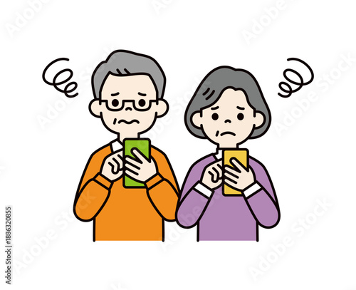 スマートフォンの操作が分からない、シニア世代の老夫婦のシンプルなベクターイラスト素材セット