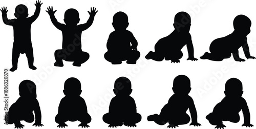 Collection of baby silhouette poses showing sitting, crawling, standing, and playing positions, representing early childhood development and infant movement concepts in a clean vector design