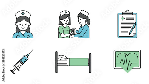 A flat lay illustration of a nurse and related medical icons on a clean white background with a calming and professional mood.