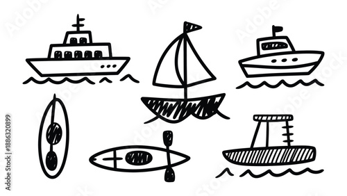 Vessel Collection Sketch: A captivating hand-drawn ensemble of various vessels, inviting exploration of the open water.