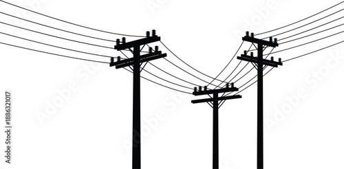 Silhouette of electrical utility poles with power lines stretching across the sky, representing infrastructure, communication, and energy transmission in a clean industrial vector design